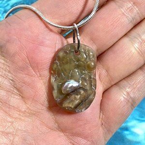 Tampa Bay Fossil Coral Agate & Freeform Pearl Pendant Silver Plated Necklace